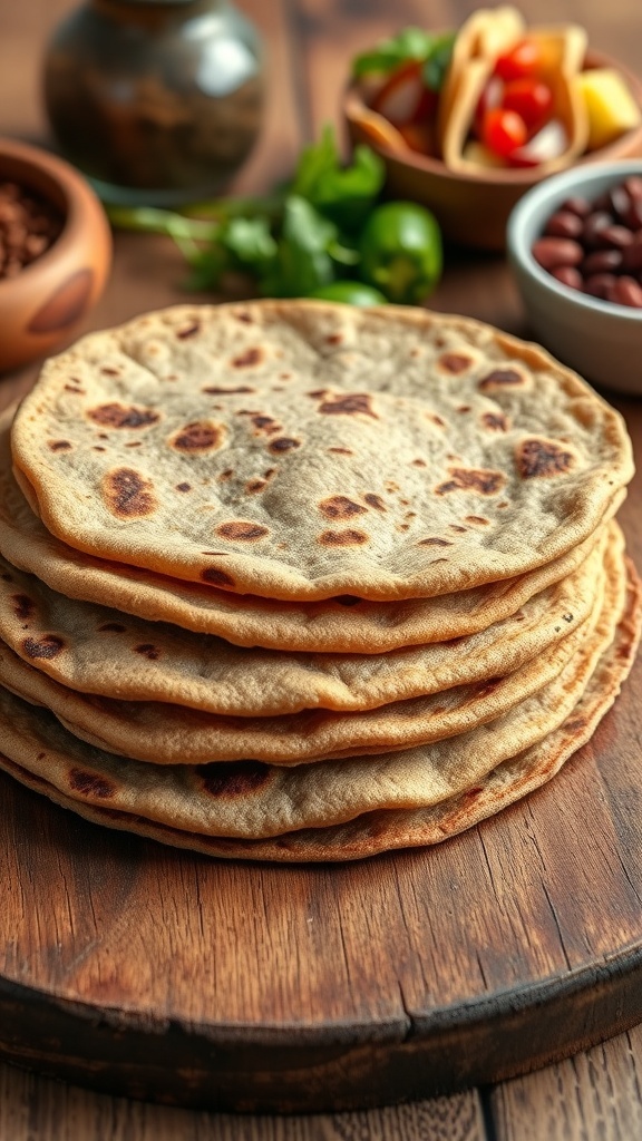 A stack of soft whole wheat tortillas on a wooden table, ready for use in various dishes.